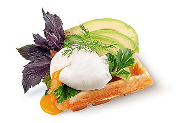 Image showing French waffle with poached egg and avocado