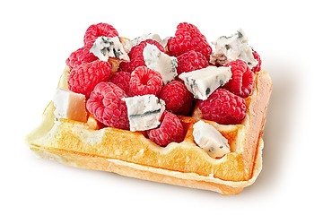 Image showing French waffles with raspberries and dorblu cheese