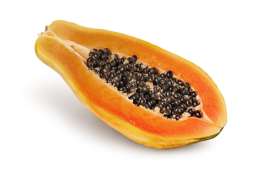 Image showing Single half ripe papaya rotated isolated on white