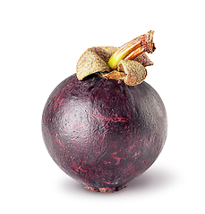 Image showing Single ripe mangosteen isolated on a white