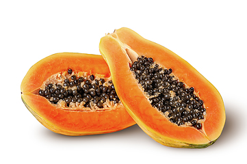 Image showing Two half ripe papaya one after another