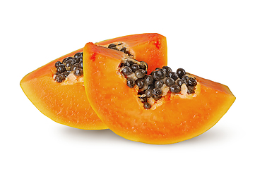 Image showing Two slices of ripe papaya isolated on white