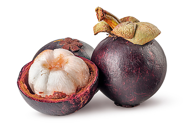 Image showing Two whole and opened mangosteen isolated on white