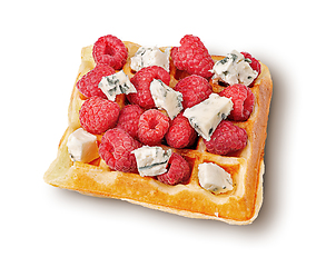Image showing French waffles with raspberries and dorblu cheese top wiev