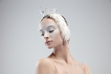 Image showing Close up of young graceful ballerina on white studio background