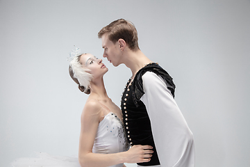 Image showing Young graceful couple of ballet dancers on white studio background