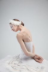 Image showing Close up of young graceful ballerina on white studio background