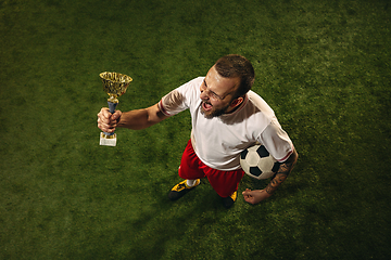 Image showing Top view of caucasian football or soccer player on green background of grass