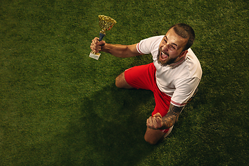 Image showing Top view of caucasian football or soccer player on green background of grass