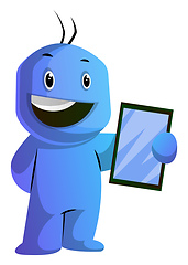 Image showing Happy blue cartoon caracter with a tablet illustration vector on