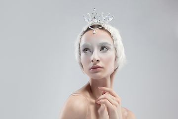 Image showing Close up of young graceful ballerina on white studio background