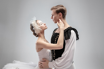 Image showing Young graceful couple of ballet dancers on white studio background