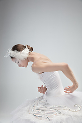 Image showing Close up of young graceful ballerina on white studio background