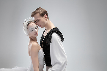 Image showing Young graceful couple of ballet dancers on white studio background