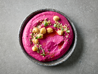 Image showing plate of beetroot hummus