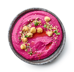 Image showing plate of beetroot hummus