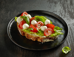 Image showing slice of bread with tomato and mozzarella