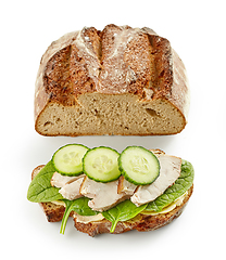 Image showing breakfast sandwich with chicken meat and cucumber