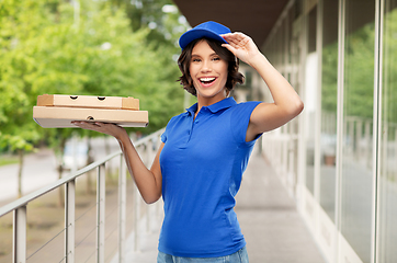 Image showing delivery woman with takeaway pizza boxes