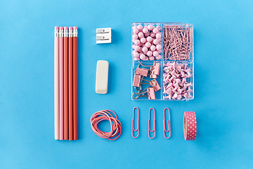 Image showing pencils, pins, clips, eraser, sharpener and rubber