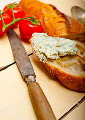 Image showing fresh blue cheese spread ove french baguette