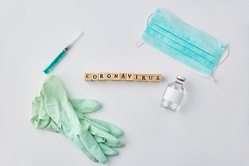 Image showing coronavirus word, mask, gloves, syringe and drug