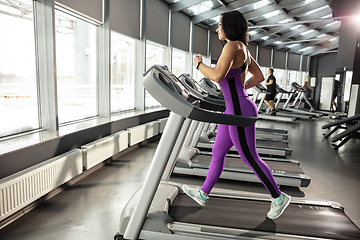 Image showing The female athlete training hard in the gym. Fitness and healthy life concept.