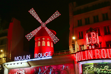 Image showing View of the Moulin Rouge (Red Mill) at night in Paris, France