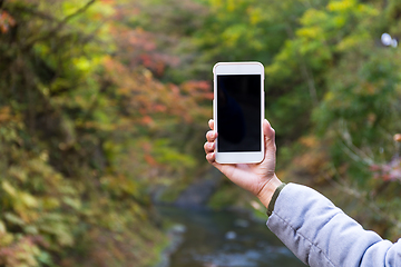 Image showing Woman taking cellphone in autumn forest