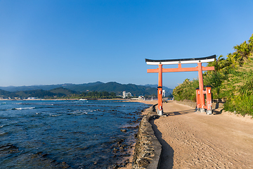 Image showing Red torii in Aoshima Shrine with blue sky