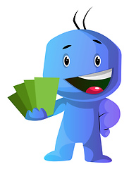 Image showing Blue cartoon caracter showing green cards illustration vector on