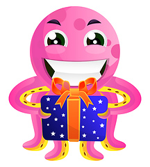 Image showing Pink octopus with a present illustration vector on white backgro