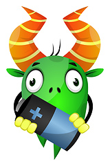 Image showing Cartoon monster holding a battery, illustration, vector on white