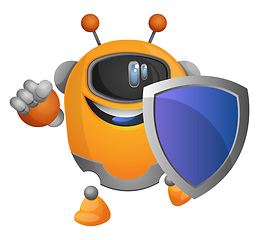 Image showing Cheerful robot holding a blue shield illustration vector on whit