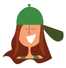 Image showing Clipart of a laughing girl wearing a green cap sideward vector o