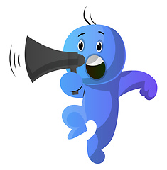 Image showing Blue cartoon caracter holding a speakephone illustration vector 