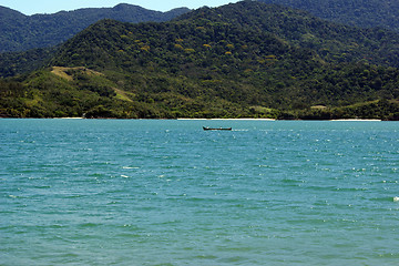 Image showing Beautiful view of the sea, mountains and a lone boat