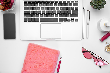 Image showing Flat lay, mock-up. Feminine home office workspace, copyspace