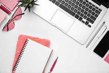 Image showing Flat lay, mock-up. Feminine home office workspace, copyspace