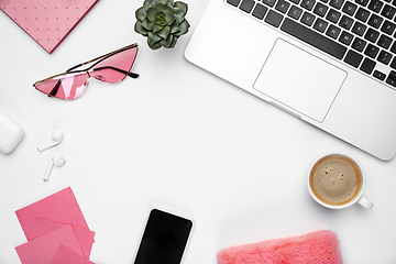 Image showing Flat lay, mock-up. Feminine home office workspace, copyspace