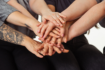 Image showing Young women in casual clothes having fun together. Bodypositive concept, close up