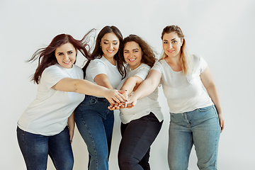 Image showing Young women in casual clothes having fun together. Bodypositive concept.