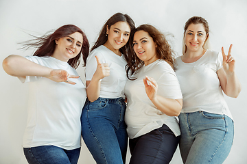 Image showing Young women in casual clothes having fun together. Bodypositive concept.