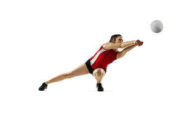 Image showing Young female volleyball player isolated on white studio background in flight and motion