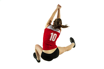 Image showing Young female volleyball player isolated on white studio background in flight and motion