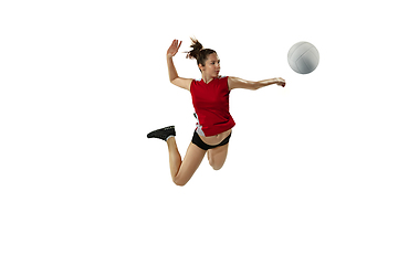 Image showing Young female volleyball player isolated on white studio background in flight and motion