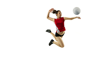 Image showing Young female volleyball player isolated on white studio background in flight and motion