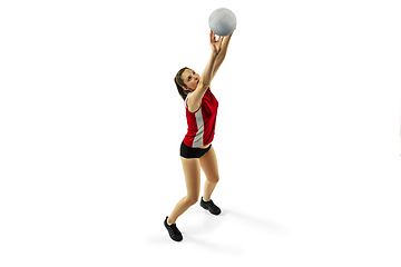 Image showing Young female volleyball player isolated on white studio background in flight and motion