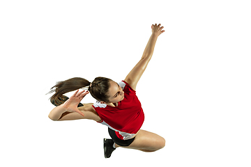 Image showing Young female volleyball player isolated on white studio background in flight and motion