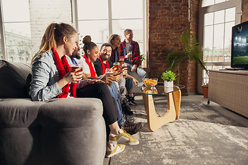 Image showing Excited group of people watching sport match at home